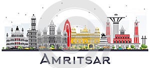 Amritsar India City Skyline with Gray Buildings Isolated on Whit