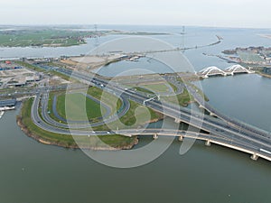 Amsterdam A10 highway infrastructure of the Netherlands. Aerial drone overviews. Transport urban freeway motorway