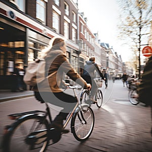 amsterdam bicycle riders with background blurred