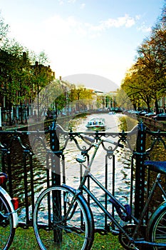 Amsterdam, Bike Against a Bridge, Nightfall, Sunset