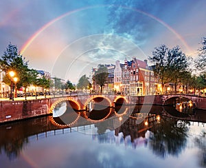 Amsterdam bridge with rainbow, Netherlands