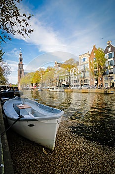 Amsterdam canal boat and streetscape, Netherlands