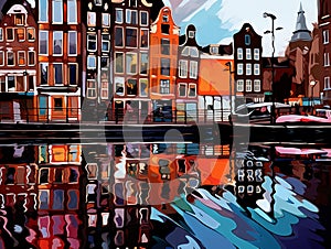 Amsterdam canal with colorful dutch houses in Netherlands