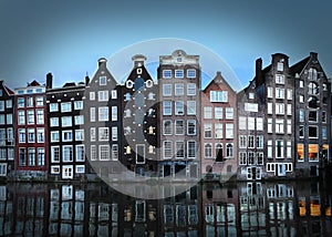 Amsterdam canal houses at dusk