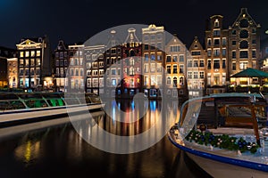 Amsterdam canal houses at night