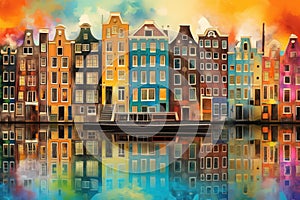 Amsterdam canal houses in rainbow colors, watercolor. Generative AI