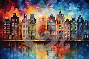 Amsterdam canal houses in rainbow colors, watercolor. Generative AI