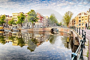 Amsterdam Canal houses vibrant reflections, Netherlands, panora