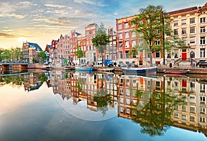 Amsterdam Canal houses vibrant reflections, Netherlands, panora