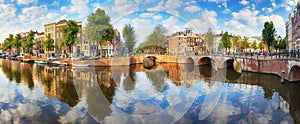 Amsterdam Canal houses vibrant reflections, Netherlands, panora