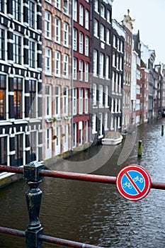 Amsterdam canal. Prohibition sign. Warning and forbidden for parking, traffic to bike and motorbike