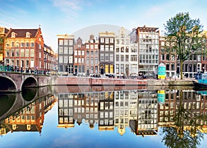 Amsterdam canal Singel with typical dutch houses, Holland, Netherlands.