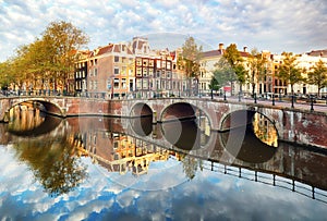 Amsterdam canal Singel with typical dutch houses, Holland, Netherlands