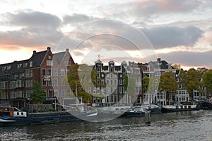 Amsterdam canal at sunset.