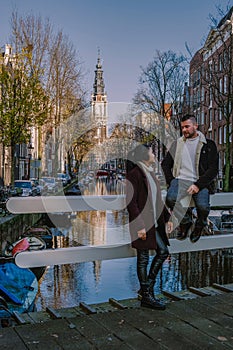 Amsterdam canal with view at the Zuiderkerk Amsterdam church canalside Netherlands