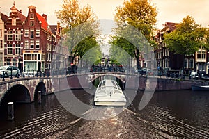 Amsterdam canals with boat