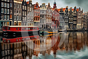 Amsterdam canals and traditional dutch houses, Holland, Netherlands, Amsterdam Netherlands dancing houses over river Amstel