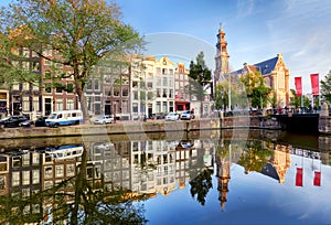 Amsterdam Canals - Westerkerk Church, Netherlands, Holland, Euro