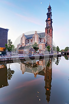 Amsterdam Canals - Westerkerk Church, Netherlands, Holland, Europe