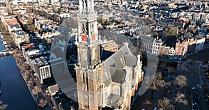 Amsterdam city center aerial drone view of the Westerkerk and the Jordaan urban area in the city center of Amsterdam