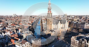 Amsterdam city center aerial drone view of the Westerkerk and the Jordaan urban area in the city center of Amsterdam