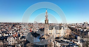 Amsterdam city center aerial drone view of the Westerkerk and the Jordaan urban area in the city center of Amsterdam