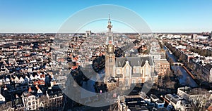 Amsterdam city center aerial drone view of the Westerkerk and the Jordaan urban area in the city center of Amsterdam