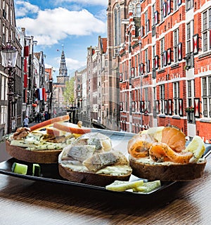 Amsterdam city with fish plate salomon and codfish sandwiches against canal in Netherlands