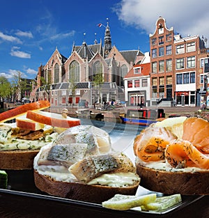 Amsterdam city with fishplate salomon and codfish sandwiches against tourboat on canal in Netherlands