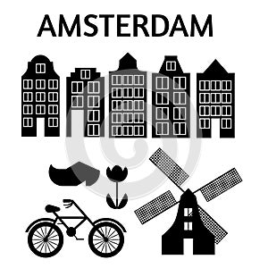 Amsterdam city flat art. Travel landmark, architecture of netherlands, Holland houses, european building isolated set, windmill, b