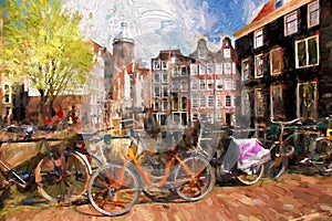 Amsterdam city in Holland, artwork in painting style