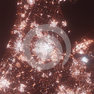 Amsterdam city lights map, top view from space. Aerial view on night street lights. Global networking, cyberspace