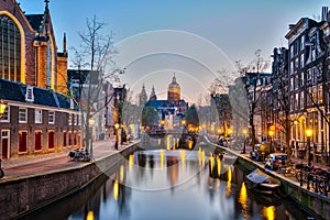 Amsterdam city at night with the canal in Amsterdam city, Nether