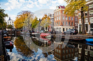 Amsterdam city view with canals and bridges