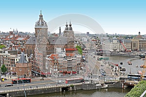 Amsterdam cityscape with busy traffic