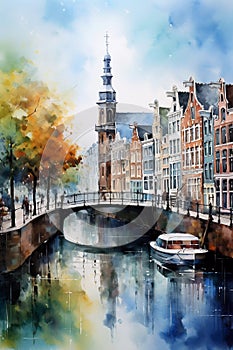 Amsterdam cityscape, dutch canal with boat, historical city architecture, printable vertical watercolor painting