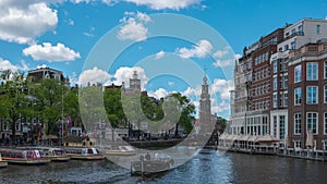Amsterdam cityscape skyline with landmark building and canal in Netherlands