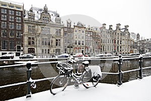 Amsterdam covered with snow in Netherlands