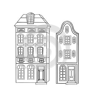Amsterdam european cute black and white houses buildings city old town doodle outline vector set