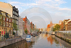 Amsterdam. Golden sunset on Singel