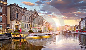 Amsterdam Holland Netherlands. Amstel river canals and boats