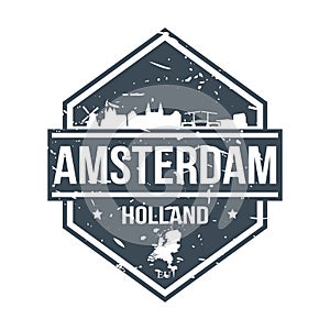 Amsterdam Holland Travel Stamp. Icon Skyline City Design Vector Seal Art.