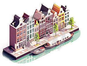 Amsterdam House building architecture with canal boats and trees in summer season holiday 3D isometric Generative AI