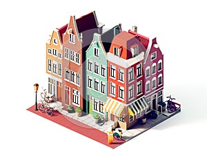 Amsterdam House building architecture with canal boats and trees in summer season holiday 3D isometric illustration Generative AI