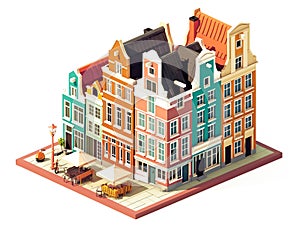 Amsterdam House building architecture with canal boats and trees in summer season holiday 3D isometric illustration Generative AI