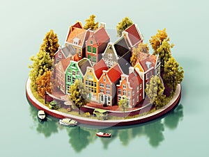 Amsterdam House village city circle with canal and boats in summer season holiday 3D isometric Generative AI