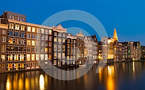 The Amsterdam houses in evening.