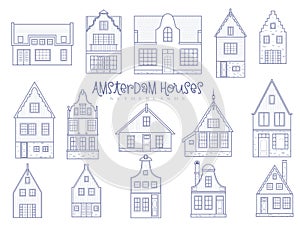 Amsterdam houses. Facades of European old buildings. Holland homes. Vector set outline illustration