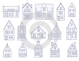 Amsterdam houses. Facades of European old buildings. Holland homes. Vector set outline illustration