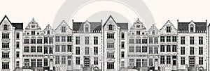 Amsterdam houses seamless pattern. Urban residential buildings. Scandinavian style. European city. Hand drawn monochrome